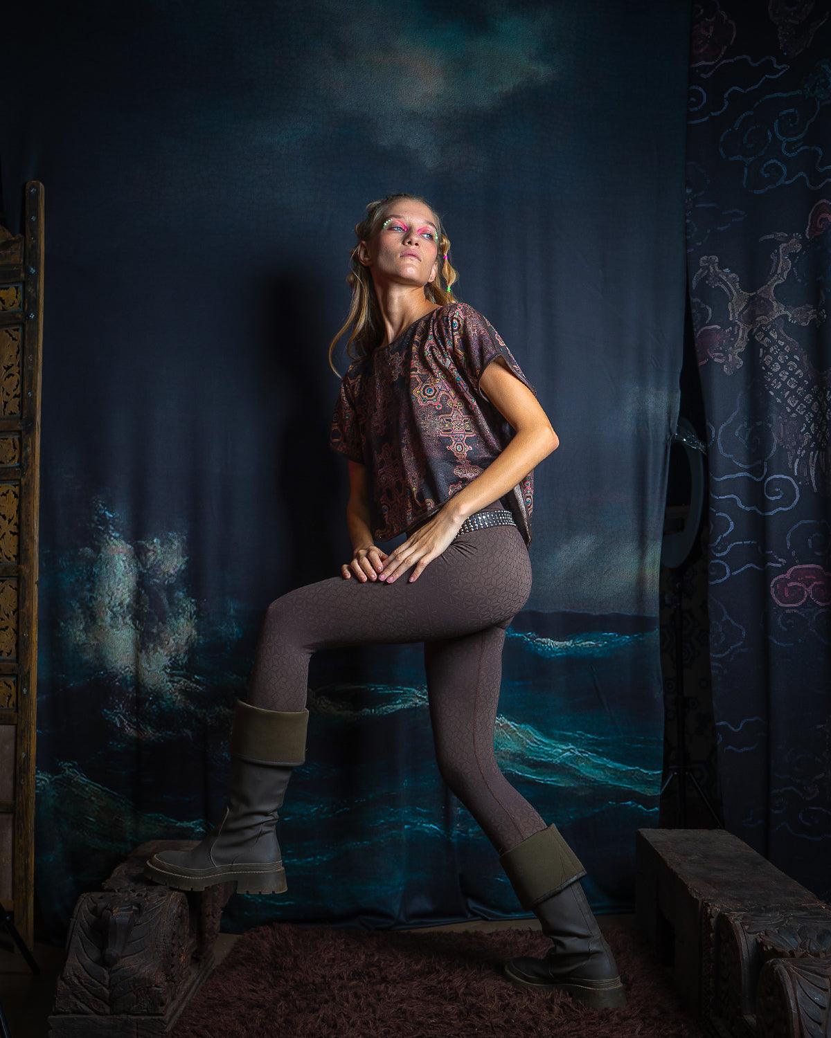 Long Leggings Woman / Bamboo Jersey Veg Dye Veg Print - Brown SANDSOTIME - Yacxilan Artwear