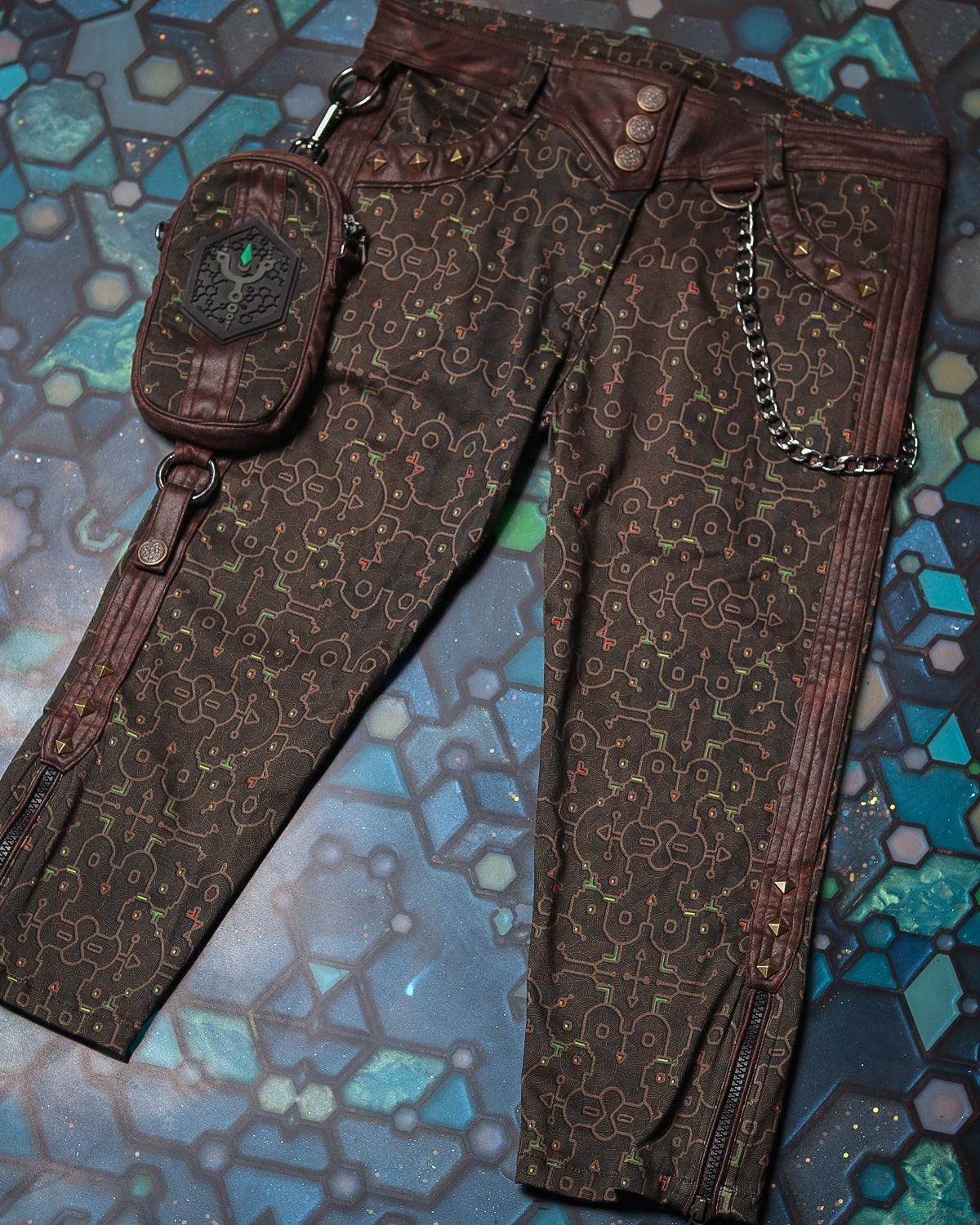 Fitted Pants Woman / Organic Cotton Licra Fake Leather - REBIRTH OF IKARO Forest - Yacxilan Artwear