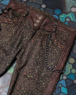 Fitted Pants Woman / Organic Cotton Licra Fake Leather - REBIRTH OF IKARO Forest - Yacxilan Artwear