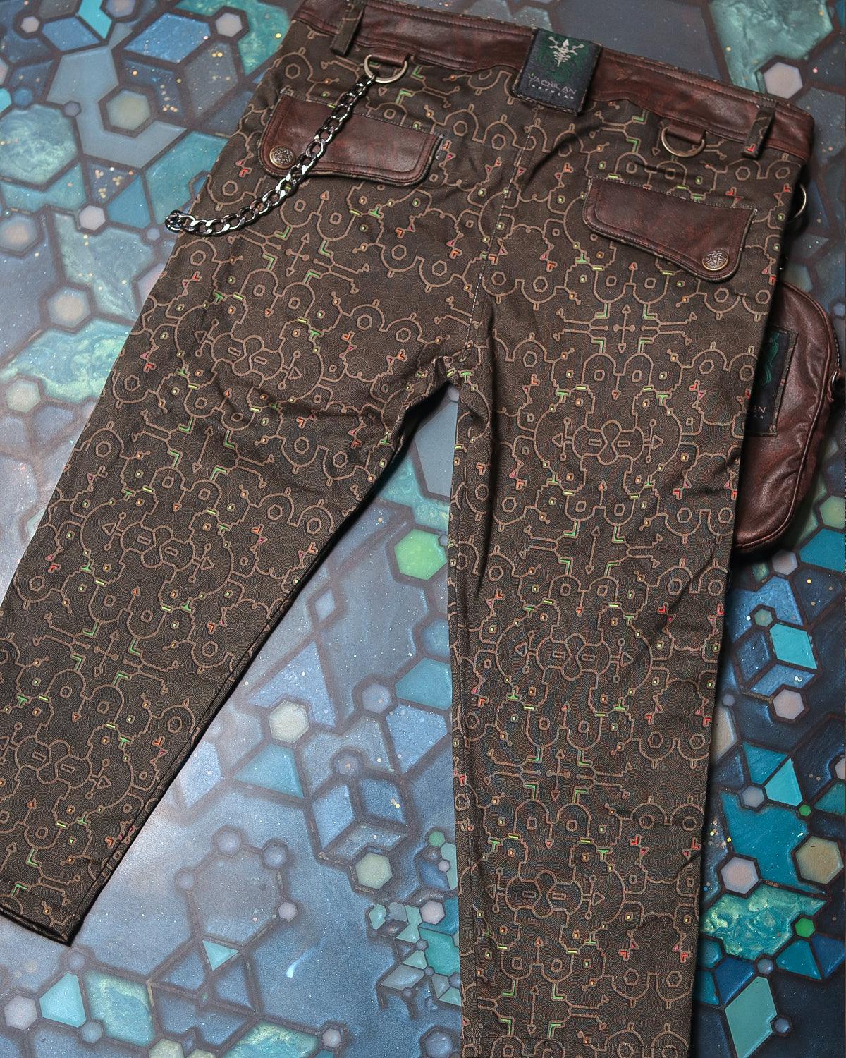 Fitted Pants Woman / Organic Cotton Licra Fake Leather - REBIRTH OF IKARO Forest - Yacxilan Artwear