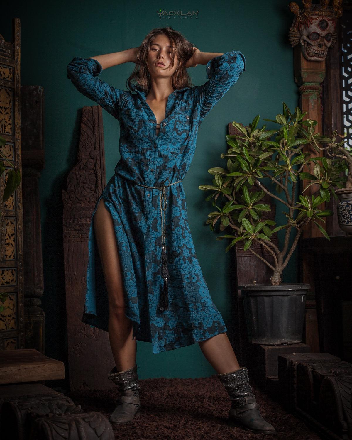 Dress Longsleeve Woman / Zaafaraï - Cotton Teal SHAMANKA - Yacxilan Artwear