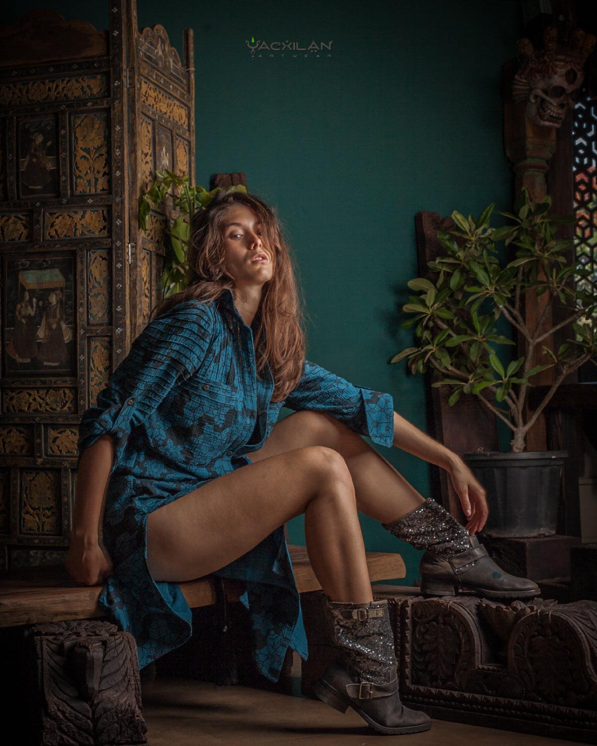 Dress Longsleeve Woman / Zaafaraï - Cotton Teal SHAMANKA - Yacxilan Artwear