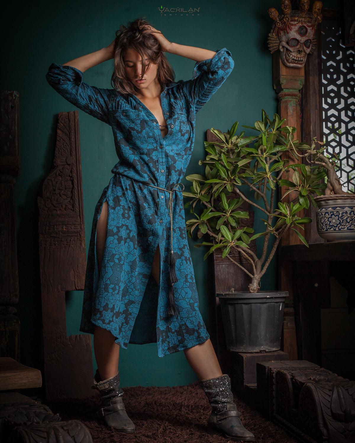 Dress Longsleeve Woman / Zaafaraï - Cotton Teal SHAMANKA - Yacxilan Artwear