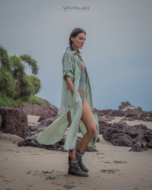 Dress Longsleeve Woman / Zaafaraï Cotton Linen - MYCELIUM Blu