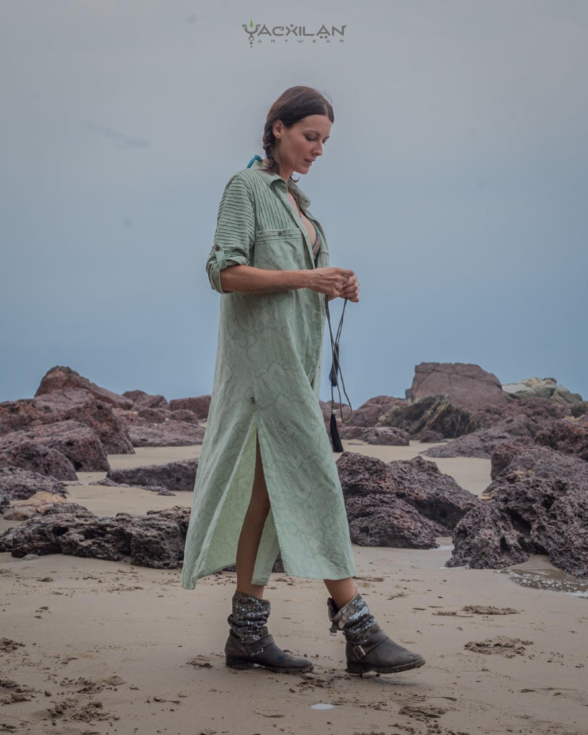 Dress Longsleeve Woman / Zaafaraï Cotton Linen - MYCELIUM Blu - Yacxilan Artwear