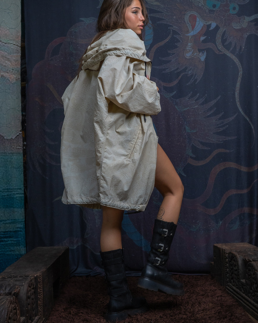 Jacket Woman Hooded Loose Windbreaker / Nylon - DRAGONS Cream