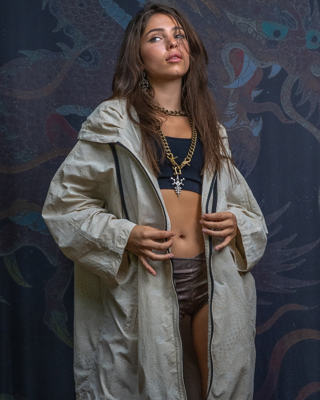 Jacket Woman Hooded Loose Windbreaker / Nylon - DRAGONS Cream