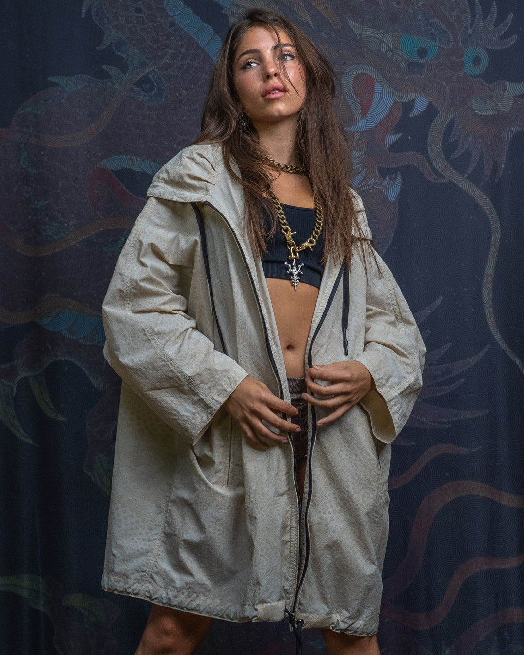 Jacket Woman Hooded Loose Windbreaker / Nylon - DRAGONS Cream
