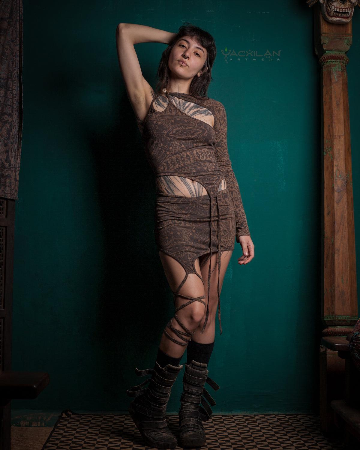 Crop-Top n Mini Skirt Combo / Bamboo Jersey - ATOMITA Brown RETRO FUTURE - Yacxilan Artwear