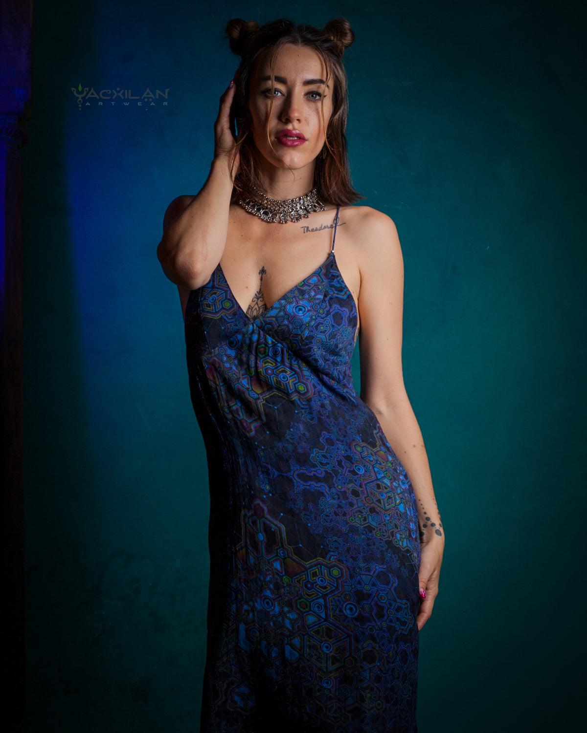 Chinese Silk Dress - Ultramarine CORALBLAST Tiles - Yacxilan Artwear