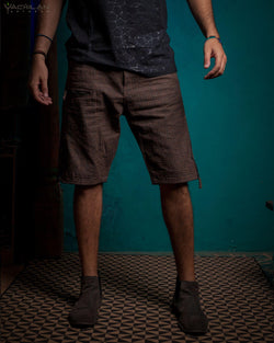 Flying Short Men / HEMP Woven Veg Dye Print - Brown TETRIS - Yacxilan Artwear