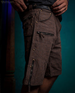 Flying Short Men / HEMP Woven Veg Dye Print - Brown TETRIS - Yacxilan Artwear