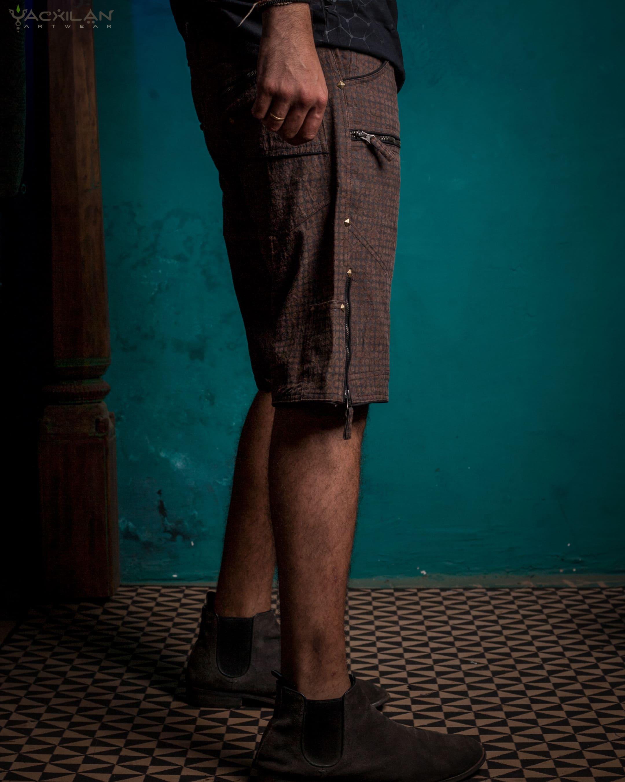 Flying Short Men / HEMP Woven Veg Dye Print - Brown TETRIS - Yacxilan Artwear