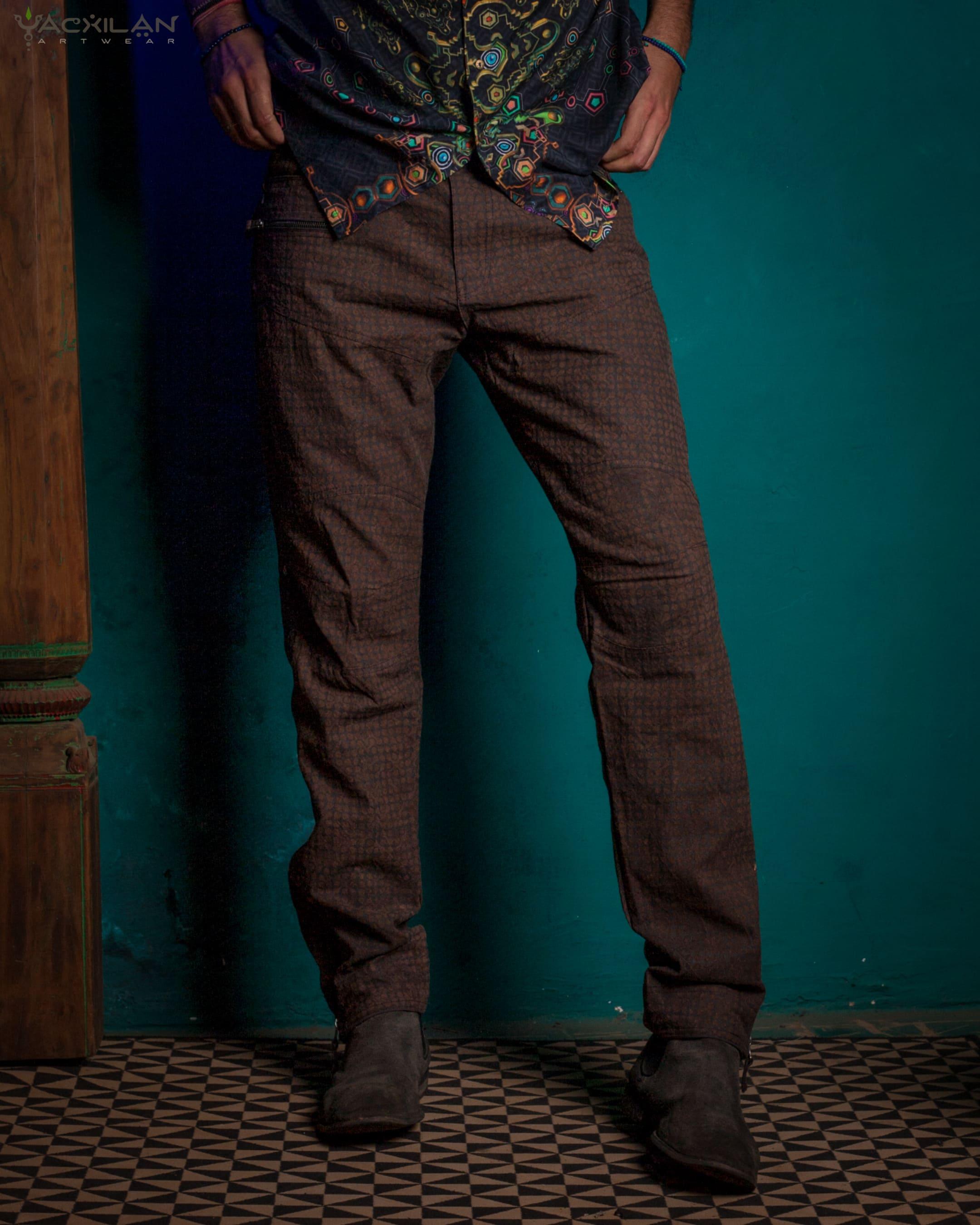 Pants Men / Hemp Woven Veg Dye & Print Brown - TETRIS - Yacxilan Artwear