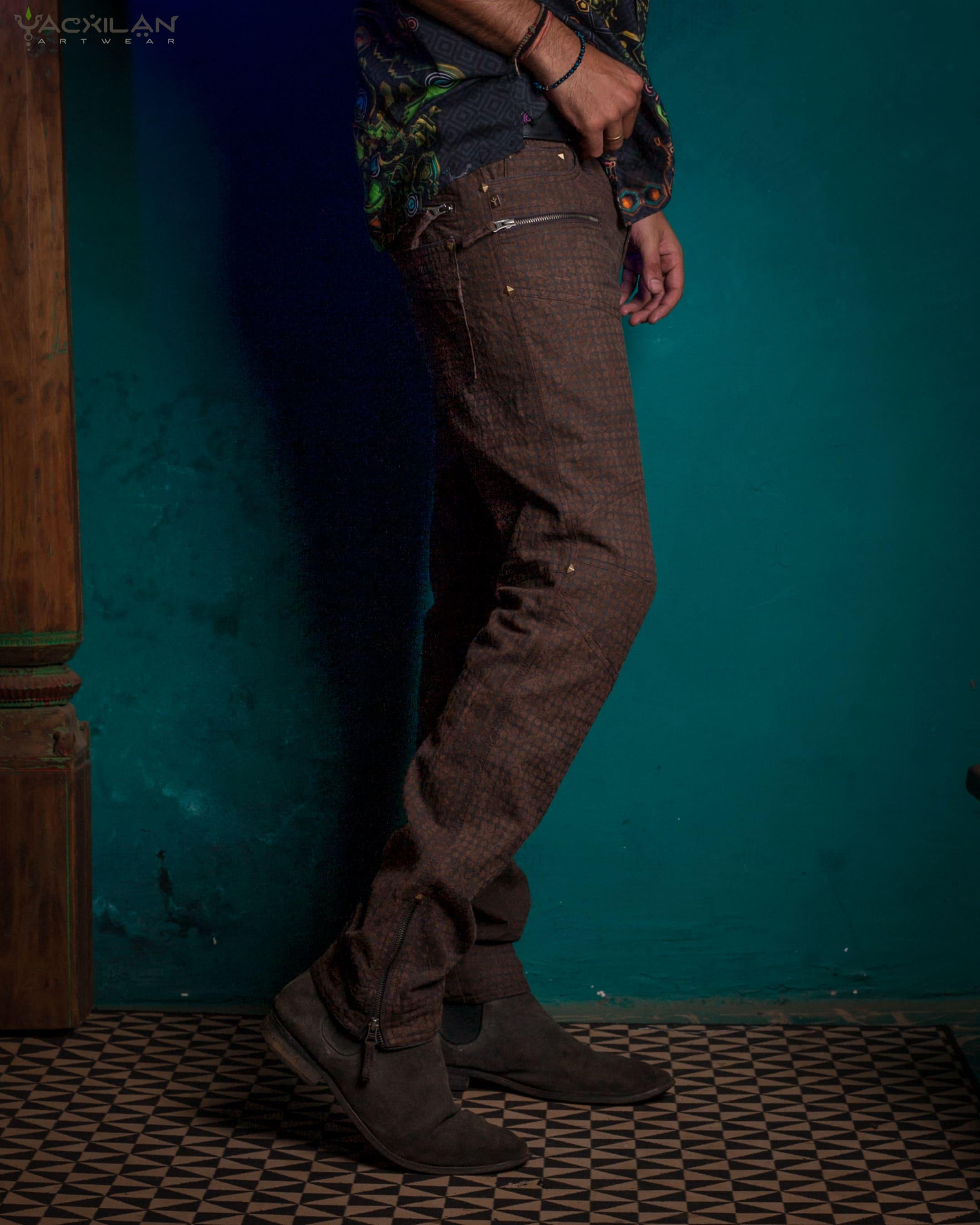 Pants Men / Hemp Woven Veg Dye & Print Brown - TETRIS - Yacxilan Artwear