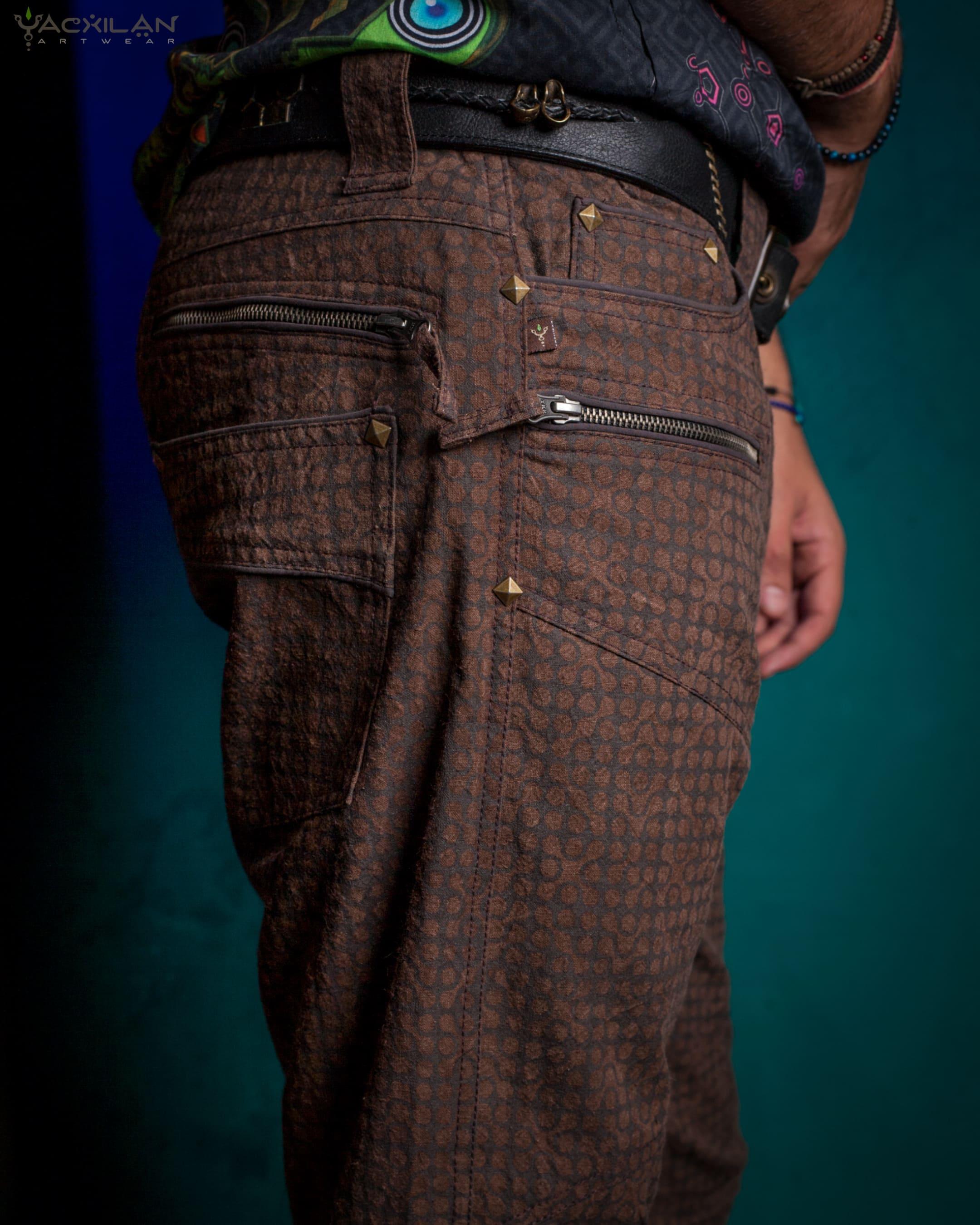 Pants Men / Hemp Woven Veg Dye & Print Brown - TETRIS - Yacxilan Artwear