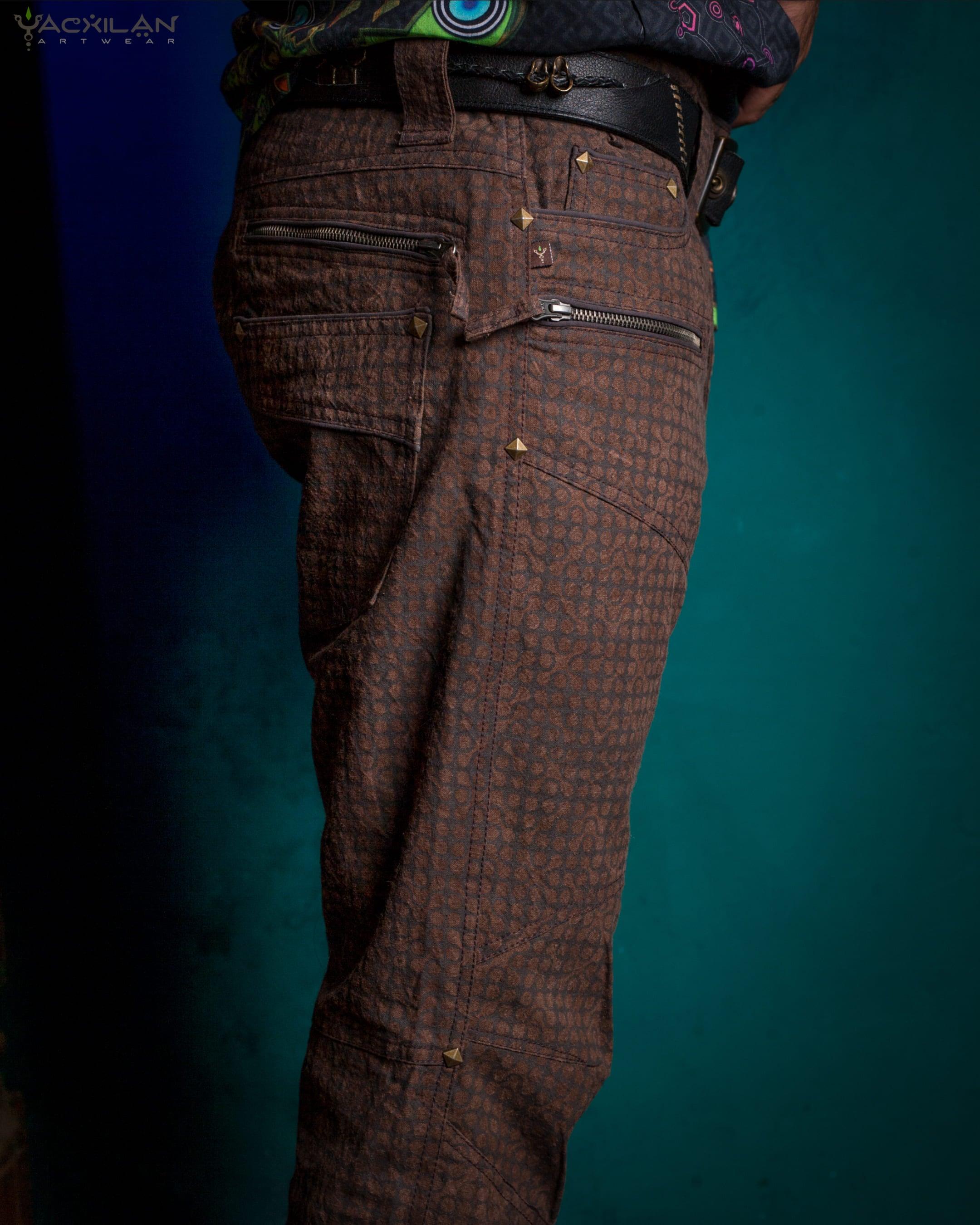 Pants Men / Hemp Woven Veg Dye & Print Brown - TETRIS - Yacxilan Artwear