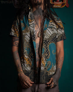 Shirt Men Half Sleeves / Cotton Printed- Teal BATIK - Yacxilan Artwear