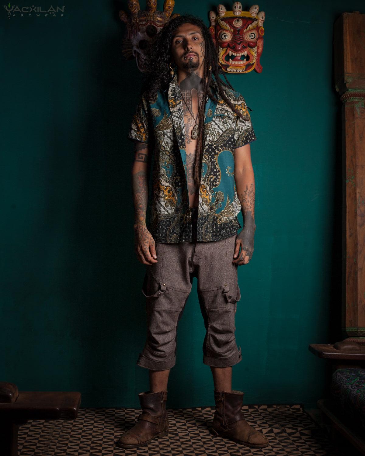 Shirt Men Half Sleeves / Cotton Printed- Teal BATIK - Yacxilan Artwear