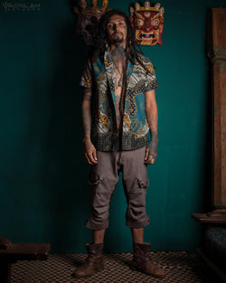 Shirt Men Half Sleeves / Cotton Printed- Teal BATIK - Yacxilan Artwear