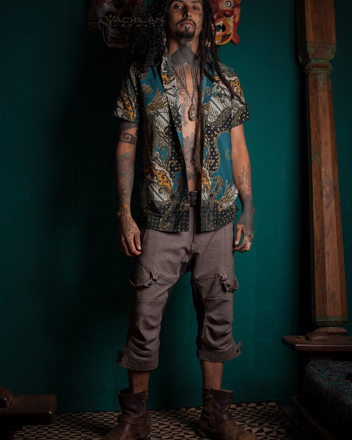 Shirt Men Half Sleeves / Cotton Printed- Teal BATIK - Yacxilan Artwear