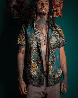 Shirt Men Half Sleeves / Cotton Printed- Teal BATIK - Yacxilan Artwear