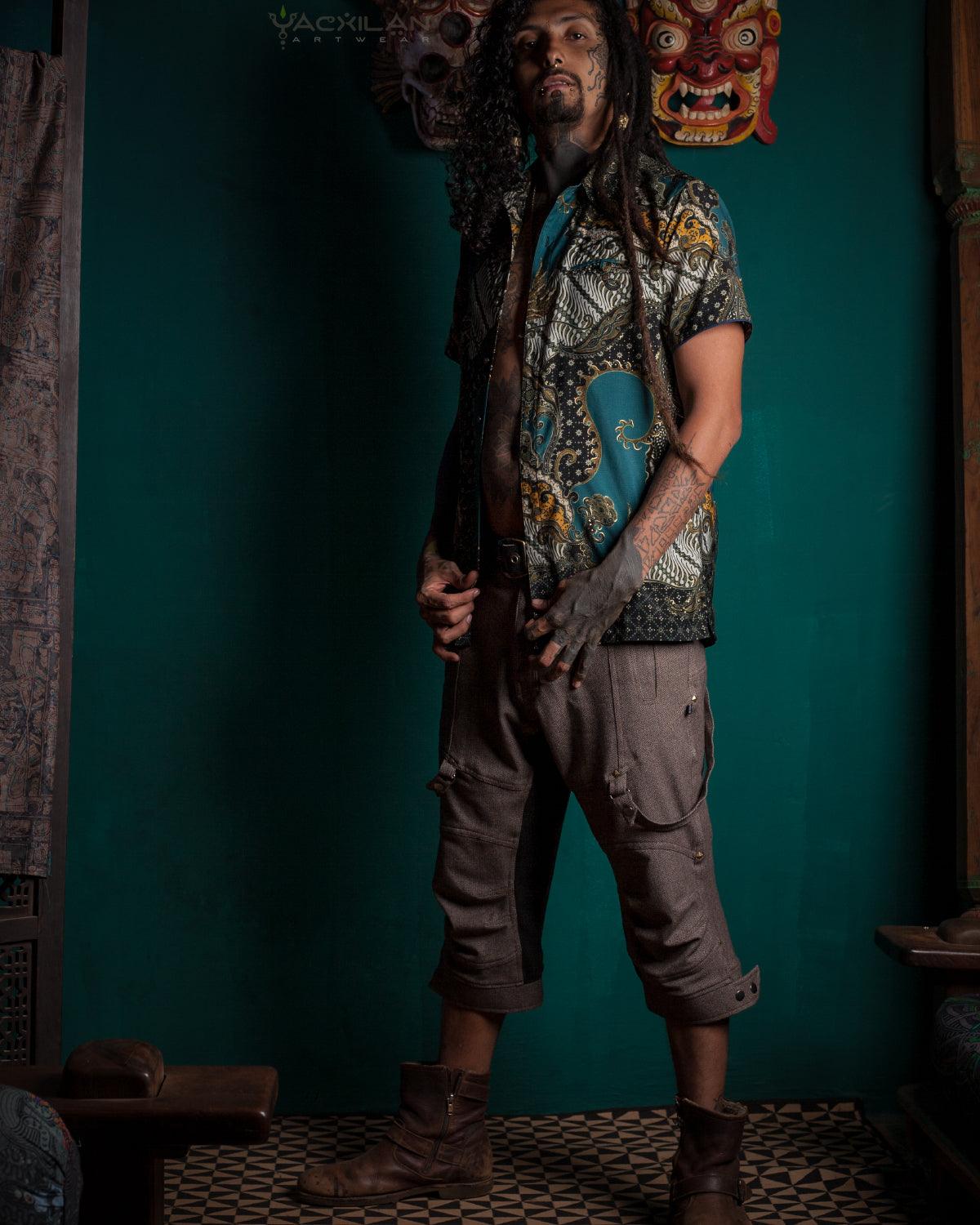 Shirt Men Half Sleeves / Cotton Printed- Teal BATIK - Yacxilan Artwear