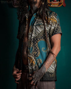 Shirt Men Half Sleeves / Cotton Printed- Teal BATIK - Yacxilan Artwear