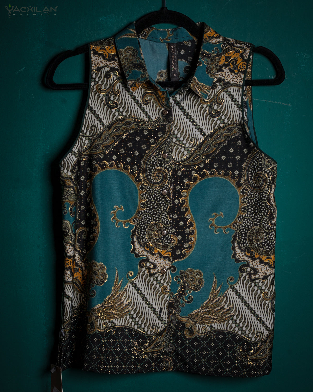 Shirt Woman Sleeveless / Cotton - BATIK Teal - Yacxilan Artwear