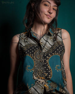 Shirt Woman Sleeveless / Cotton - BATIK Teal - Yacxilan Artwear