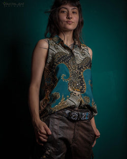 Shirt Woman Sleeveless / Cotton - BATIK Teal - Yacxilan Artwear