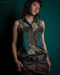 Shirt Woman Sleeveless / Cotton - BATIK Teal - Yacxilan Artwear