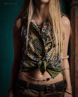 Shirt Woman Sleeveless / Cotton - BATIK Green - Yacxilan Artwear