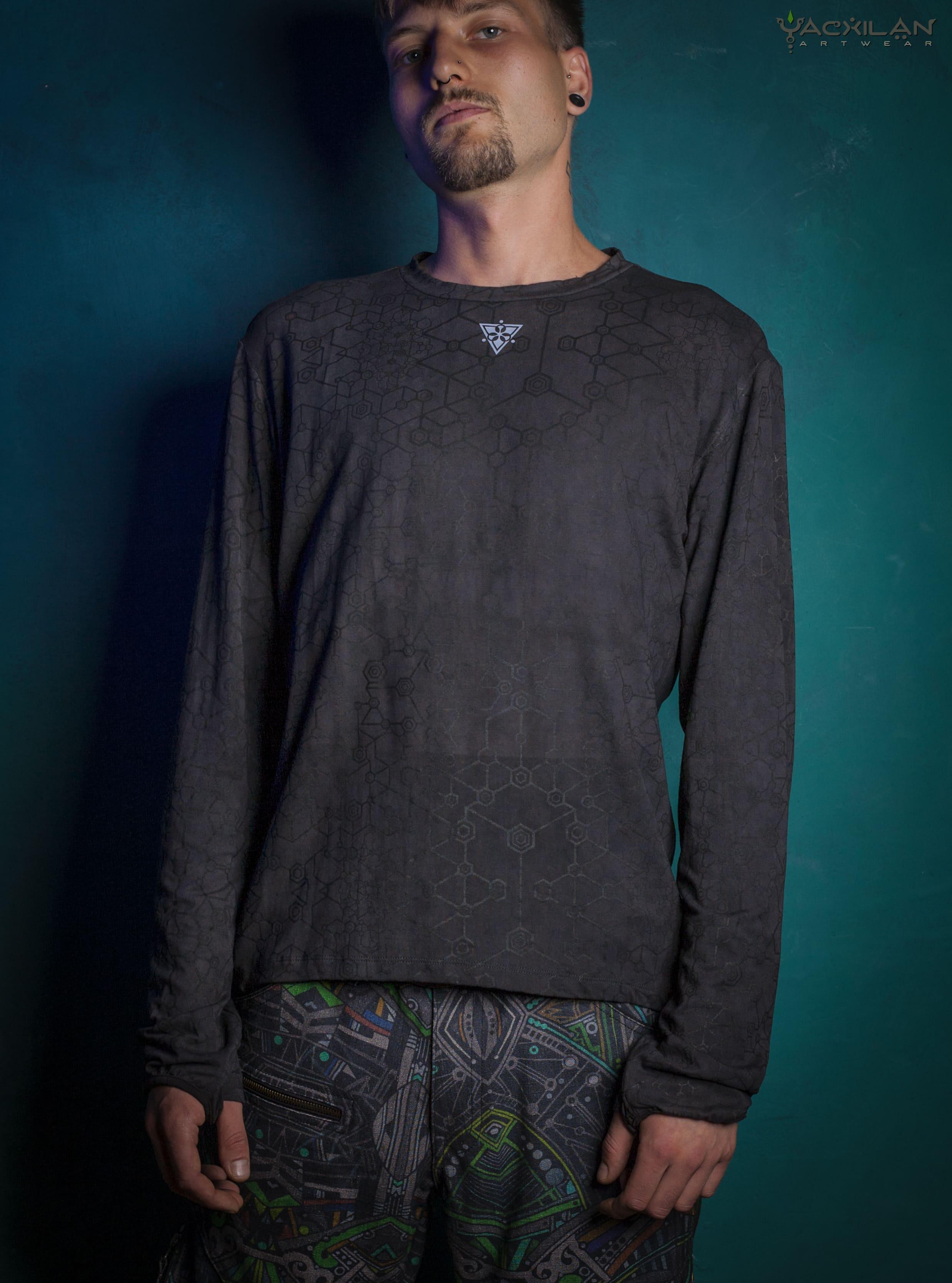 T-Shirt Men Longsleeve / Bamboo Veg Dye and Print Charcoal - SHAMANKA - Yacxilan Artwear