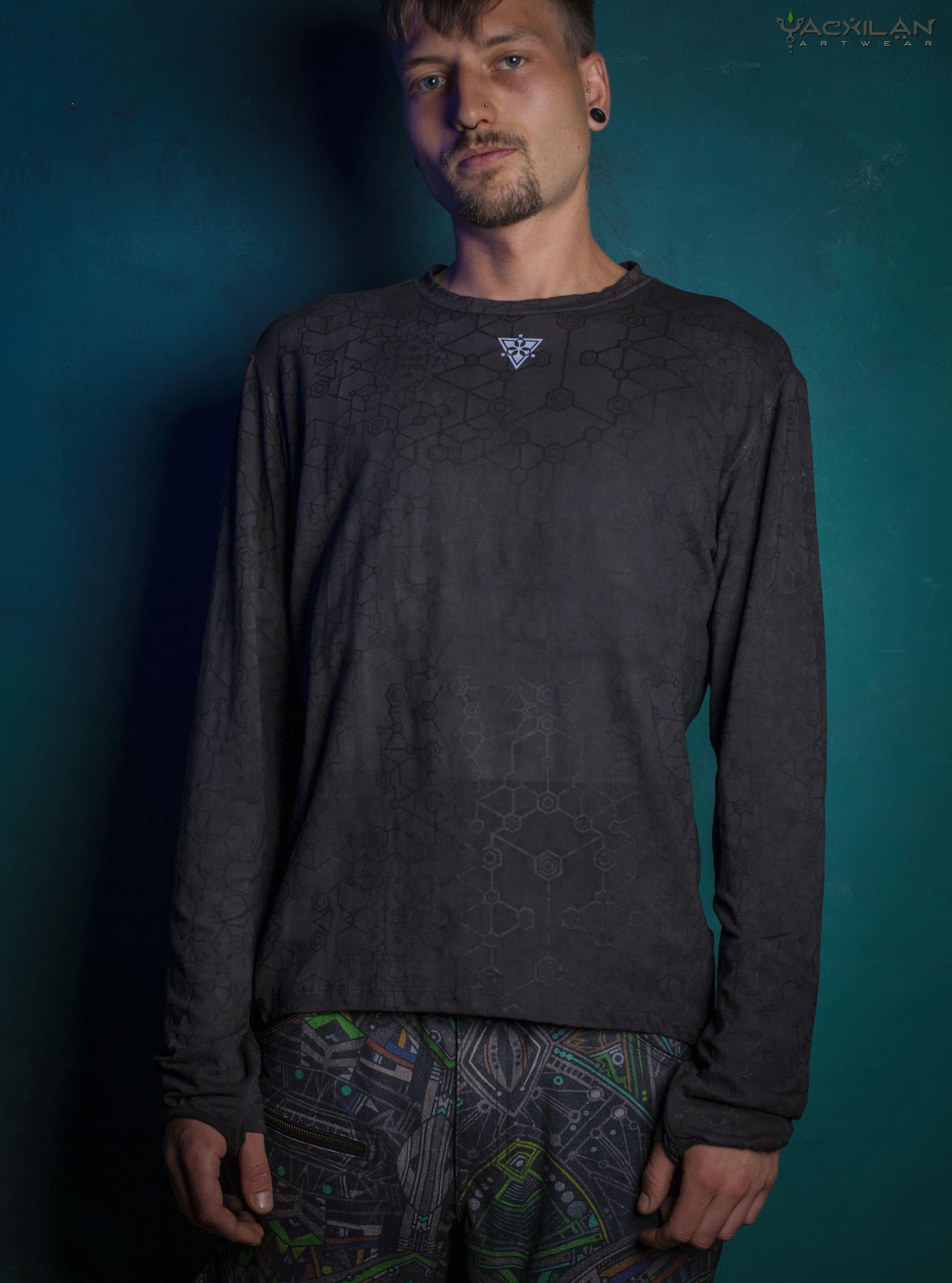 T-Shirt Men Longsleeve / Bamboo Veg Dye and Print Charcoal - SHAMANKA - Yacxilan Artwear